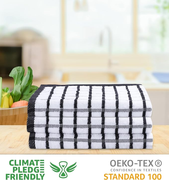Urban Villa Kitchen Towels Black/White Set of 3 Terry Kitchen Towels 100% Cotton Ultra Soft Size 20X30 Inches Highly Absorbent Over Sized KitchenTowels with Hanging Loop KitchenTowels