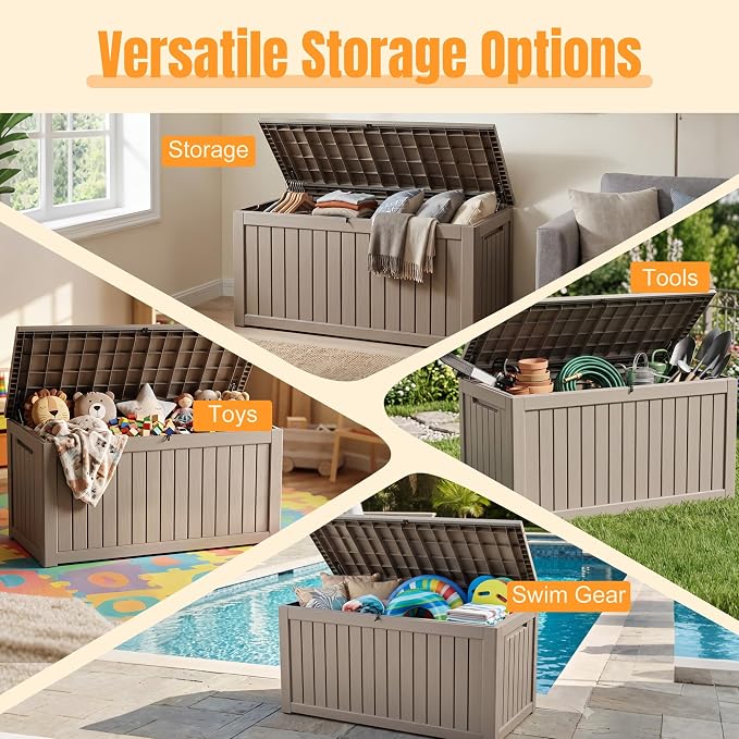 Outdoor Storage Box, 360 Gallon Waterproof Resin Deck Box with Support Rod | UV Resistant Lockable Package Delivery Bin, Shoe, Patio & Garden Tools Storage, Toy Cabinet, Ottoman, Indoor/Outdoor