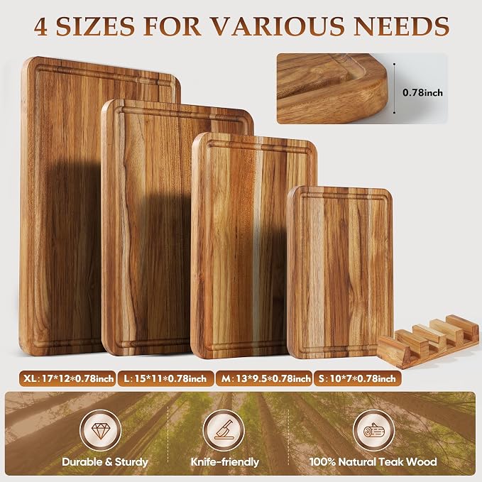 4 Pack Teak Cutting Board Wood Wooden Cutting Boards For Kitchen | Set of 4, Premium Solid Thick, FSC Certified Teak Wood, Natural Non-toxic, Anti-slip Feet, Ideal Gift Ideal Gift