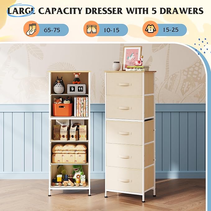 WLIVE Fabric Dresser, 5-Drawer Tall Dressers for Bedroom, Storage Dresser Organizer with Fabric Bins, Wood Top, Sturdy Steel Frame, Chest of Drawers for Closet, Hallway, Cream White