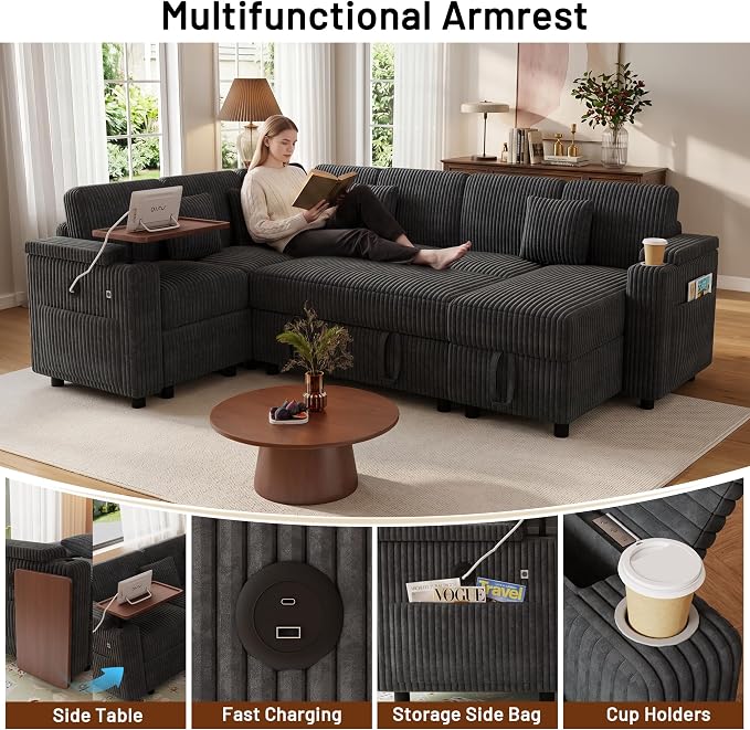 L-Shaped Sectional Sleeper Sofa with Pull Out Bed, Dark Grey | Plush Corduroy, Reclining Backrest, Storage Chaise, Usb Ports, Cup Holders & Table – Modular Cloud Couch for Living Room
