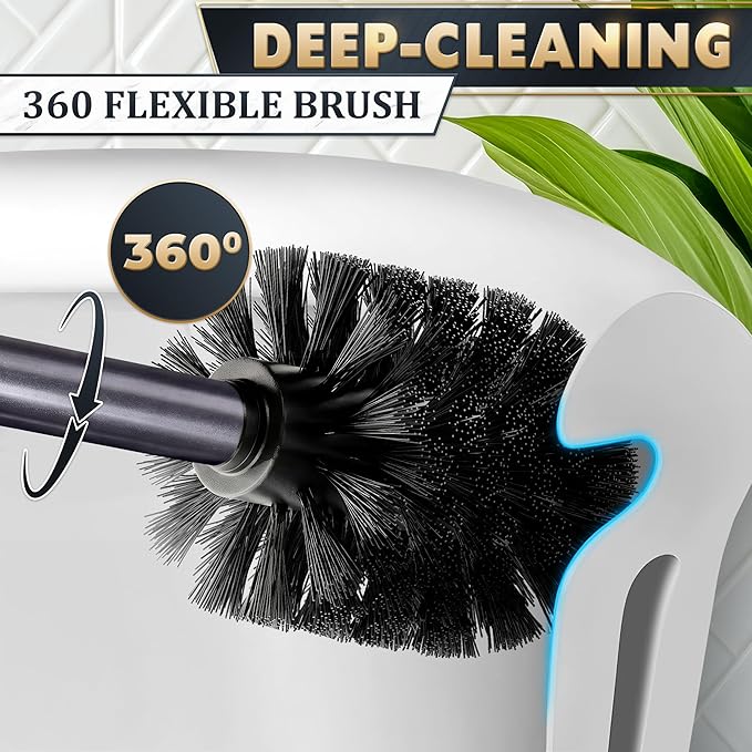Graphite Metallic Stainless Steel Toilet Brush and Holder Set - Toilet Bowl Brush and Holder with Splash Cover, Sturdy Bristles, Corrosion & Scratch Resistant - Elegant Design, Effective Deep Cleaning