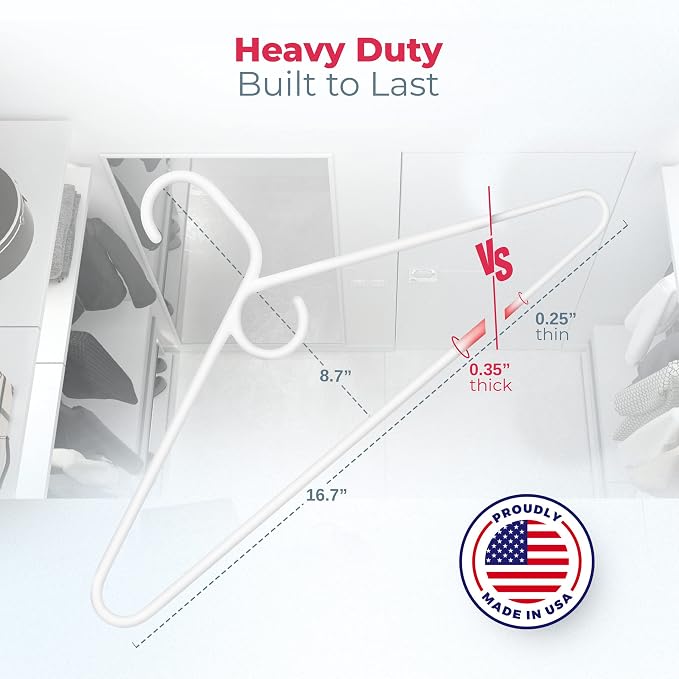 Heavy Duty Clothes Hangers 6 Pack – Made in the USA – 8lb Capacity Plastic Hangers for Adult Clothing – Durable for Pants, Coats, Jackets, or Jeans – White & Blue