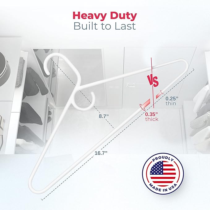 Heavy Duty Clothes Hangers 18 Pack – Made in The USA – 8lb Capacity Plastic Hangers for Adult Clothing – Durable for Pants, Coats, Jackets, or Jeans – White & Blue