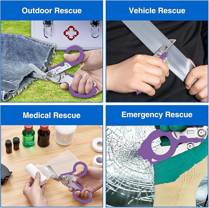Heavy Duty 6 in 1 Multifunctional Trauma Shears Foldable | Stainless Steel emergency response scissors | Survival Shears with Holster | Medical Trauma shears Tactical With Strap Cutter | Purple