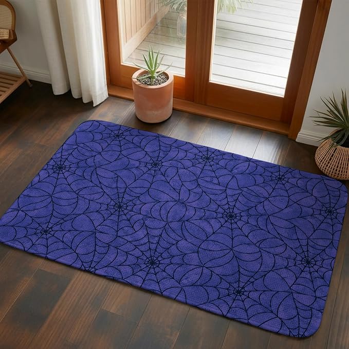Entryway Rug Indoor Outdoor 31.5"x47.2", Navy Blue Halloween Absorbent Non Slip Floor Mat, Black Spiders Net Classic Gingham Low-Profile Welcome Mats for Front Door Patio Mudroom Garage Entrance