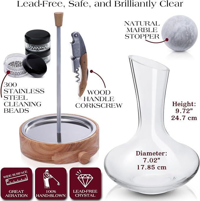 Gusto Nostro Crystal Wine Decanter Set with Drying Stand, Corkscrew, Marble Stopper, Cleaning Beads - 750ml Hand Blown Glass Wine Carafe Decanter with Stopper - Luxury Gift Set for Decanting Red Wines