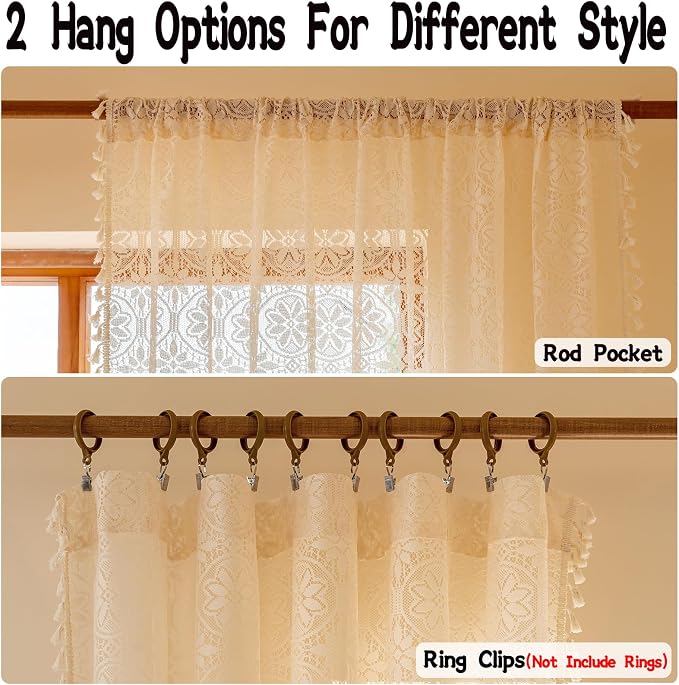 Sutuo Home Beige Boho Lace Curtains for Nursery Bedroom,Floral Semi Sheer Curtains Victorian Style Privacy Crochet Vintage Tassels Bohemian Cottagecore Window Treatments Rod Pocket,2 Panels 50" x 72"