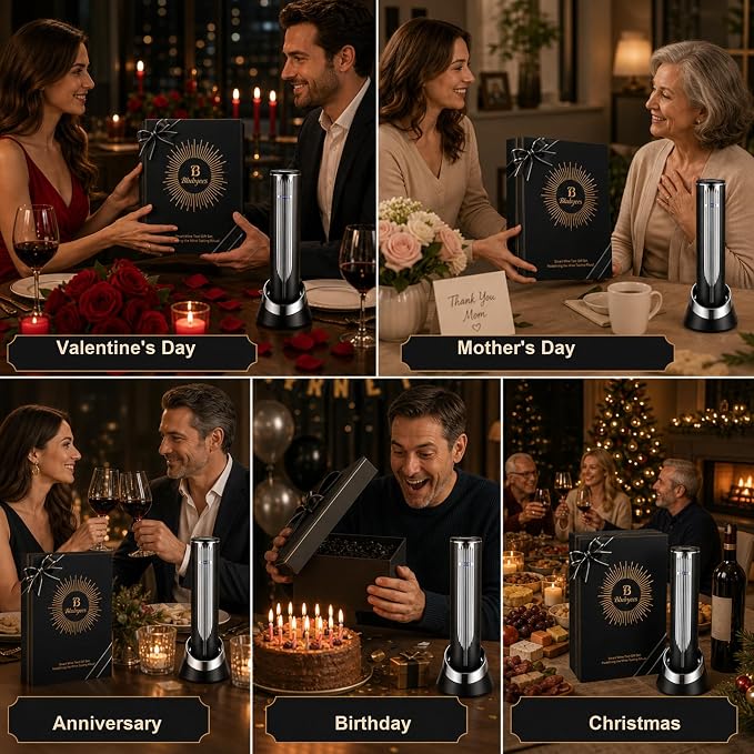 BLUBYEES Electric Wine Bottle Opener with Charging Base & Built-in Foil Cutter – Rechargeable Intelligent Touch-Activated Automatic Corkscrew – Luxury Christmas Wine Gifts for Women, Men, Seniors