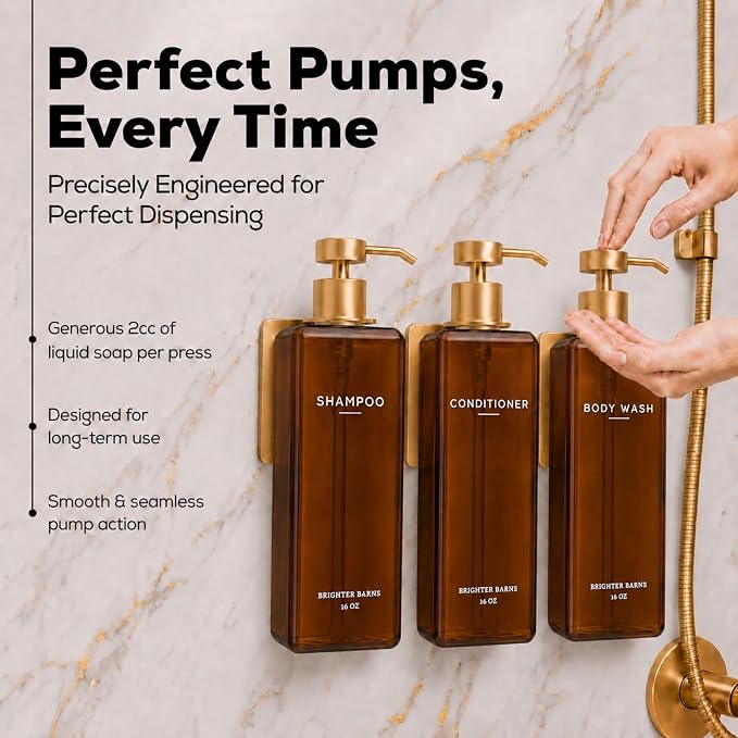 Luxury Shampoo and Conditioner Dispenser Set Wall Mounted by Brighter Barns - Shower Soap Dispensers with Drill Free Wall Mounts - Refillable Shampoo Bottles for Airbnb, Guest Bathroom (Amber Gold)