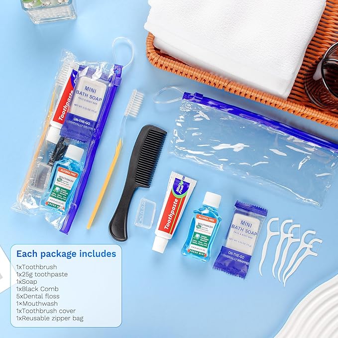 Personal Hygiene Kit Bulk Pack of 30,Yellow Basic Travel Toiletry Set Disposable Toothbrushes with Toothpaste Mouthwash Floss Comb Cover and Zip Bag for Homeless,Charity,Guests
