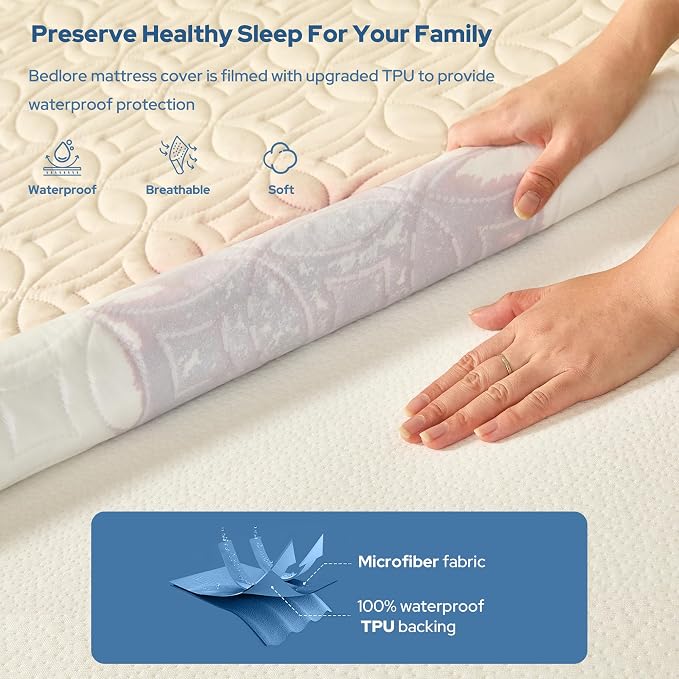 BEDLORE Waterproof Mattress Protector, Queen Size Noiseless Mattress Pad with Deep Pocket 6"-18" Depth, Soft Breathable Bed Mattress Cover Washable for Home, Bedroom, Hotel (Beige)