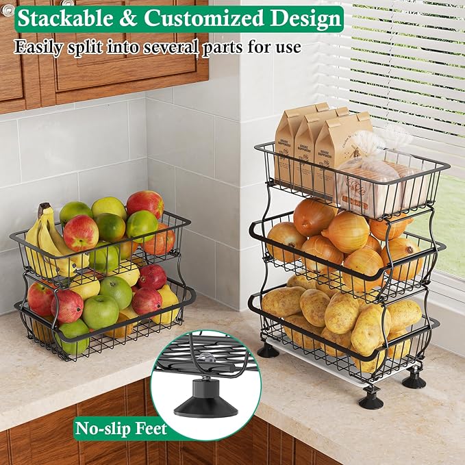 OKZEST 5 Tier Fruit Basket for Kitchen, Stackable Bins Wire Rack with Wheels, Fruit and Vegetable Storage Basket Pantry Food Snack Organizer Shelf, Kitchen Storage Cart for Onion and Potato, Produce