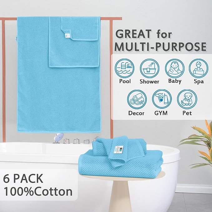 VOOVA & MOVAS Bath Towels 4PC, 100% Cotton, 30x56 in, Ocean Blue | Quick Dry, Thick, Soft, Absorbency, Bathroom Essentials, Suitable For Household Bathroom, Spa, Guest Room