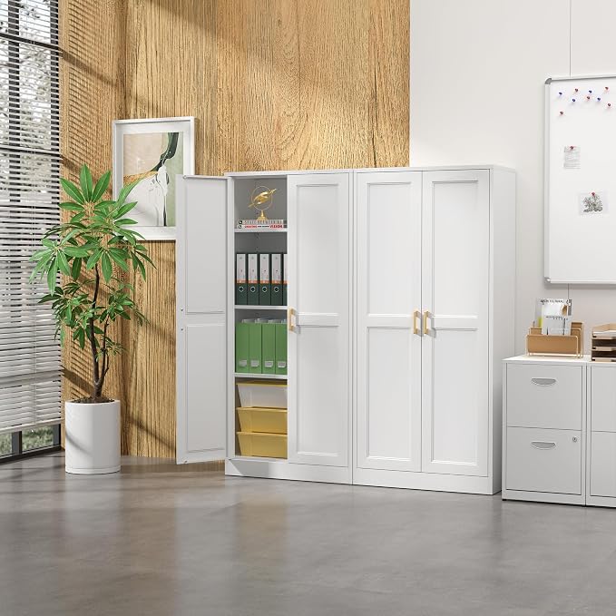 Steeloong 60"Metal Pantry Storage Cabinet with Doors & 3 Adjustable Shelves | Kitchen Pantry Cabinet,White Kitchen Cabinet with 2 Gold Handles,Tall Cabinet for Livingroom,Pantry, Bathroom,Kitchen
