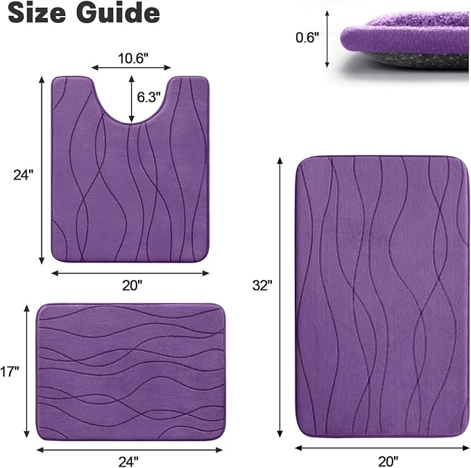 YIHOUSE Bathroom Rugs Set 3 Piece, Memory Foam Bath Mat Purple | Ultra Soft, Absorbent, Non-Slip, Machine Washable, for Bathroom, Sink and Toilet