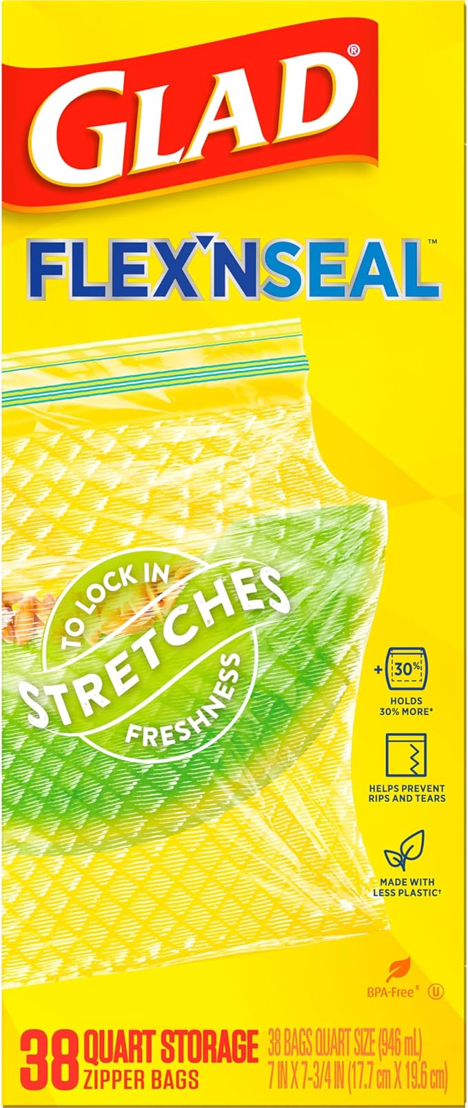Glad Flex'N Seal Food Storage Plastic Bags, Quart, 38 Count (Package May Vary)