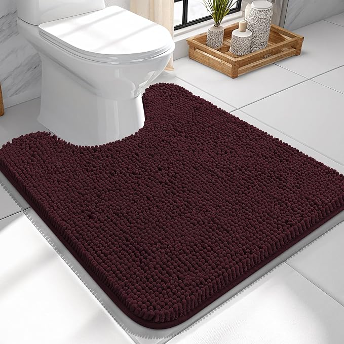 OLANLY Toilet Rugs U-Shaped 24x24, Extra Soft Absorbent Chenille Contour Bathroom Rugs for Toilet, Dry Quickly, Machine Washable, Non-Slip Bath Mat, Black Cherry