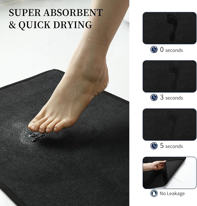 YIHOUSE Black Bathroom Rugs Sets 5 Piece, Quick Dry Thin Bath Mat with Toilet Rug, Non Slip Absorbent Machine Washable, Bath Runner Rugs for Bathtub Sink Home Decor