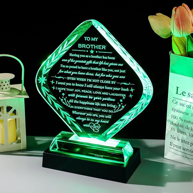 Meaningful Gifts for Brother with Light Base Brother Birthday Gifts from Sisters Brothers Laser Engraved Crystal Keepsake for Fathers Day Christmas Graduation Best Gift for Brother Adult