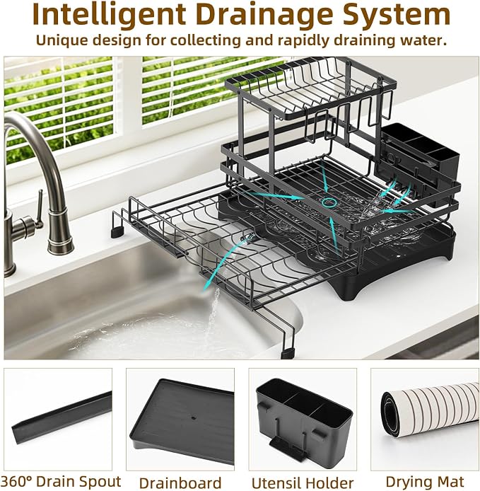 AULEEP 2-Tier Foldable Dish Drying Rack for Kitchen Counter Over the Sink | Expandable Anti-Rust Large Drainers 2-in-1 Pull Out Design with Drying Mat, Cups & Kitchen Utensil Holder