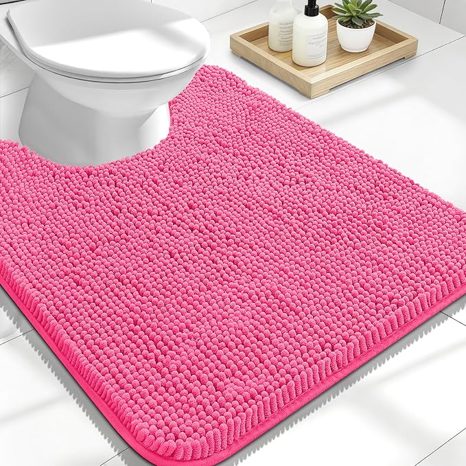 OLANLY Toilet Rugs U-Shaped 24x20, Extra Soft Absorbent Chenille Contour Bathroom Rugs for Toilet, Dry Quickly, Machine Washable, Non-Slip Bath Mat, Hot Pink