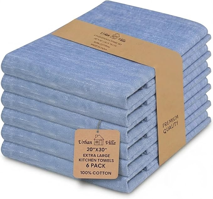 Urban Villa Kitchen Towels 100% Cotton Dish Towels for Kitchen(Set of 8) 20”x30” Dish Cloths Absorbent Kitchen Linen Set with Hanging Loop Perfect for Drying Dishes Cleaning Hand Towels – Blue White