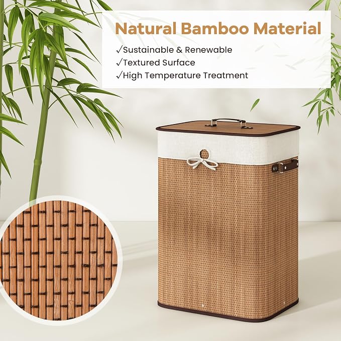Giantex Bamboo Laundry Hamper with Lid Removable Liner & Handles | 72L Large & Tall Clothes Hamper, Rectangular Laundry Basket for Small Spaces, Laundry Room, Bedroom, Bamboo