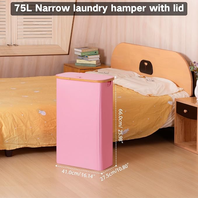 iEGrow 75L Slim Laundry Hamper, Narrow Laundry Basket with Lid,Foldable Clothes Hamper with Bamboo Handles,Hamper Basket with Removable Inner Bag for Laundry Room Bedroom College Dorm,19.8 Gals Pink