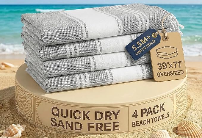 LANE LINEN Turkish Beach Towels 4 Pcs, Super Absorbent, Lightweight - Alloy | Oversized Beach Towel 39"x71" - Durable Sand Free Towel - Absorbent & Quick Dry - Perfect for Pool or Travel, Poolside Ready
