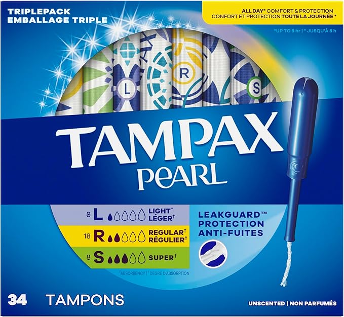 Tampax Pearl Plastic Tampons for Women Multipack, with LeakGuard Braid, Light/Regular/Super Absorbency, Unscented, 204 Count (6 Packs of 34)