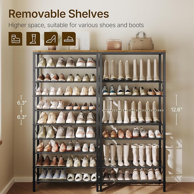 YATINEY 10 Tier Shoe Rack, Large Capacity Shoe Storage Organizer Holds 40 Pairs, Sturdy and Stable, for Entryway, Hallway, Closet, Dorm Room, Rustic Brown SS10BR