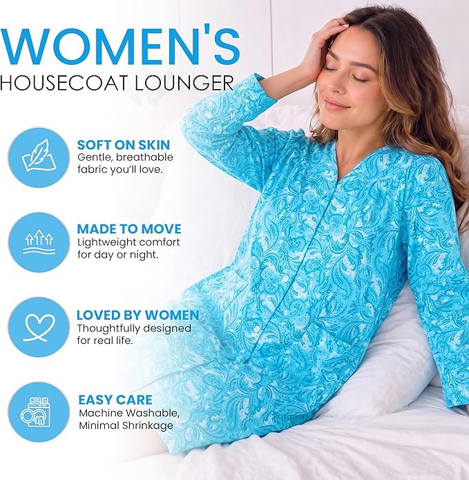 Casual Nights Women's Floral Snap Front Flannel Duster Long Sleeve Lounger Dress