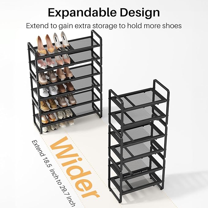 SNTD Shoe Rack - Expandable Shoe Organizer for Closet, Adjustable Metal Shoe Shelf Storage, Stackable Long Shoe Stand Holder for Garage, Entryway, Door Entrance (Black, 6-Tier)
