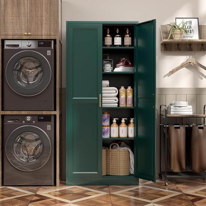 Steeloong 71"Metal Pantry Storage Cabinet with Doors & 4 Adjustable Shelves | Kitchen Pantry Cabinet,Green Kitchen Cabinet with 2 Gold Handles,Tall Cabinet for Livingroom,Pantry, Bathroom,Kitchen