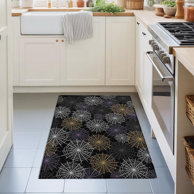 Entryway Area Rug 2'x3', Black Halloween Washable Small Area Rugs for Kitchen Bathroom Bedroom Office Laundry, Purple White Yellow Net Classic Black Door Mat Indoor Entrance Floor Throw Carpet