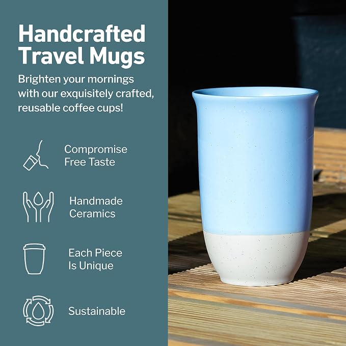 NOVA CERAMICS Travel Mug - Ceramic Coffee Mug With Lid – Microwave & Dishwasher Safe Coffee White & Grey Tumbler - Fits In Cup Holder – 12oz – Coastal Drift