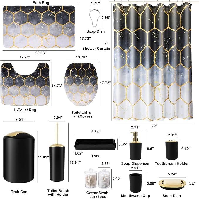 BSSN 25 Pieces Black and Gold Bathroom Accessories Set with Shower Curtain and Rugs, Trash Can, Toilet Brush, Soap Dispenser, Toothbrush Holder, Qtip Jars, Tray and Tumbler, Complete Bath Decor Set