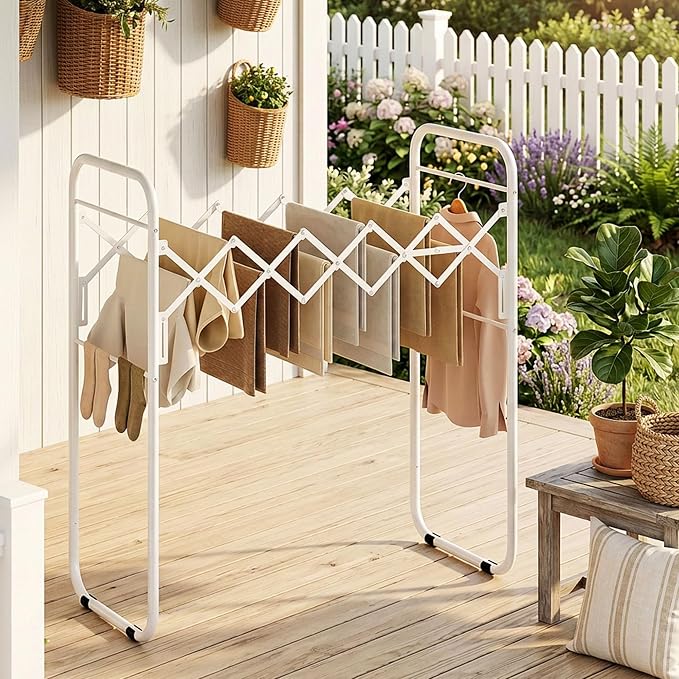 STORAGE MANIAC Clothes Drying Rack Foldable for Indoor Outdoor Use, White | 13 Drying Rails Accordion | Antirust Metal Free-Standing Laundry Drying Rack for Clothing Towels | 16.9"D x 36.4"W x 38.2"H