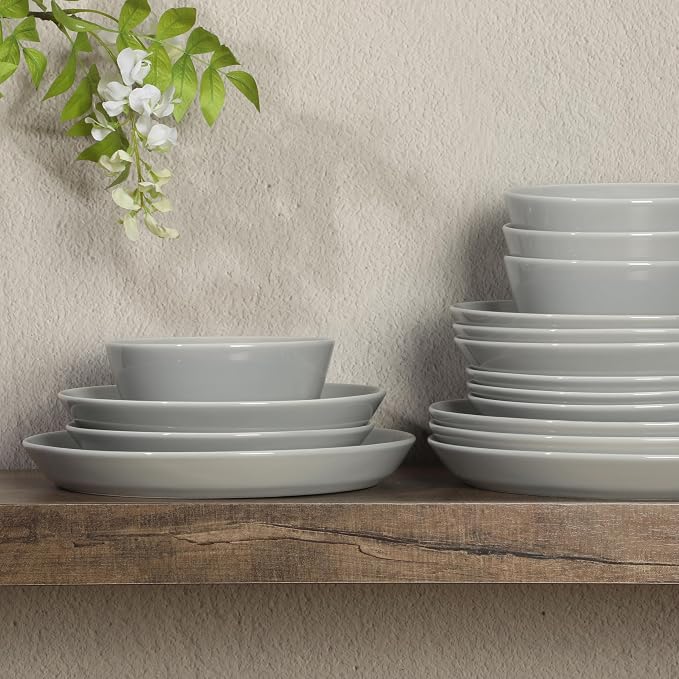 Gibson Home Summer Shades 16 Piece Plates and Bowls Dishes Service for 4 Porcelain Dinnerware Set - Grey