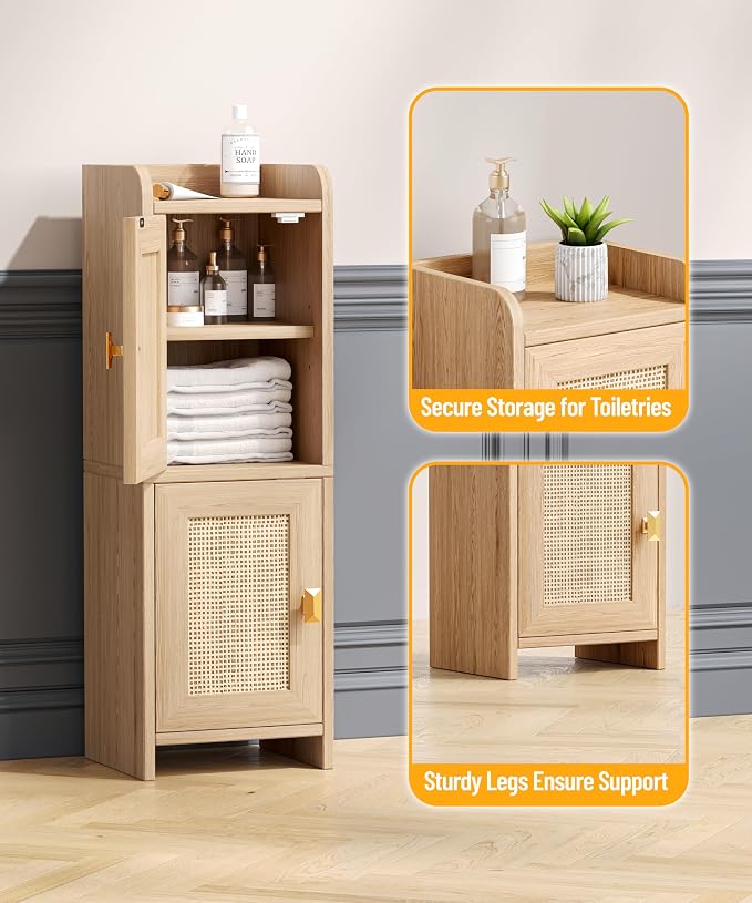 Akxomel Rattan Small Bathroom Cabinet Narrow Toilet Paper Organizer Oak | 7.9''D x 9.8''W Bathroom Organizer and Storage Cabinet for Small Space, Slim Corner Unit with Adjustable Shelf