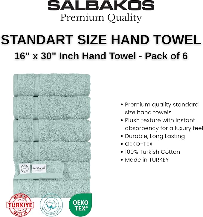 SALBAKOS 6-Piece 100% Turkish Cotton Hand Towels, 16x30 inch, Seafoam Green | Large Size Thick Super Soft Highly Absorbent, Versatile Hair Face & Hand Drying Towel, Premium Hotel Quality Made in Turkey
