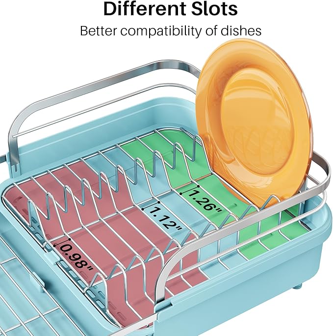 SNTD Dish Drying Rack, Expandable Dish Rack for Kitchen Counter, Stainless Steel Dish Drainer with Drainboard Set and Utensil Holder (Blue)