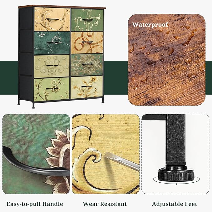8-Drawer Dresser for Bedroom, Anti-Tip Tall Storage Organizer Chest of Drawers with Wooden Top and Metal Frame Fabric Bins for Closet, Living Room, Hallway, Entryway, Floral Painted