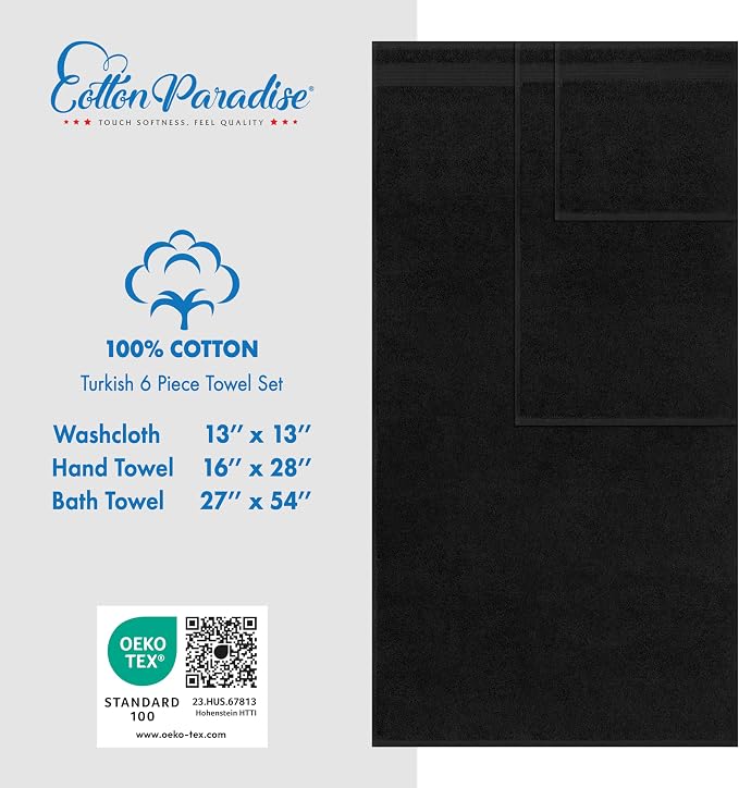 Cotton Paradise 100% Cotton Turkish Towel Set, Soft Absorbent Quick Dry, 6 Piece Towel Set, Coal Black