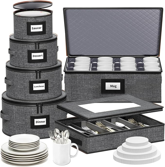Aokeyee 6-Piece China Storage Containers Set, Hard Shell Moving Boxes for Dishes, Plates, Mugs & Flatware – Dinnerware Organizer with Soft Felt Dividers, Sturdy Handles & Zippers, Grey