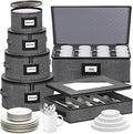 Aokeyee 6-Piece China Storage Containers Set, Hard Shell Moving Boxes for Dishes, Plates, Mugs & Flatware – Dinnerware Organizer with Soft Felt Dividers, Sturdy Handles & Zippers, Grey