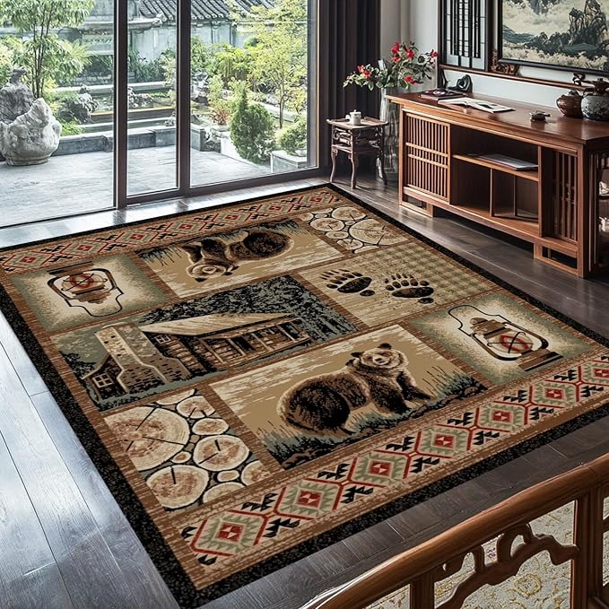 Rustic Cabin Bear Rugs 2ftx3ft Western Wildlife Bear Paw Print Area Rug for Hallway Bathroom Bedroom Non-Slip Lodge Farmhouse Indoor Floor Pad
