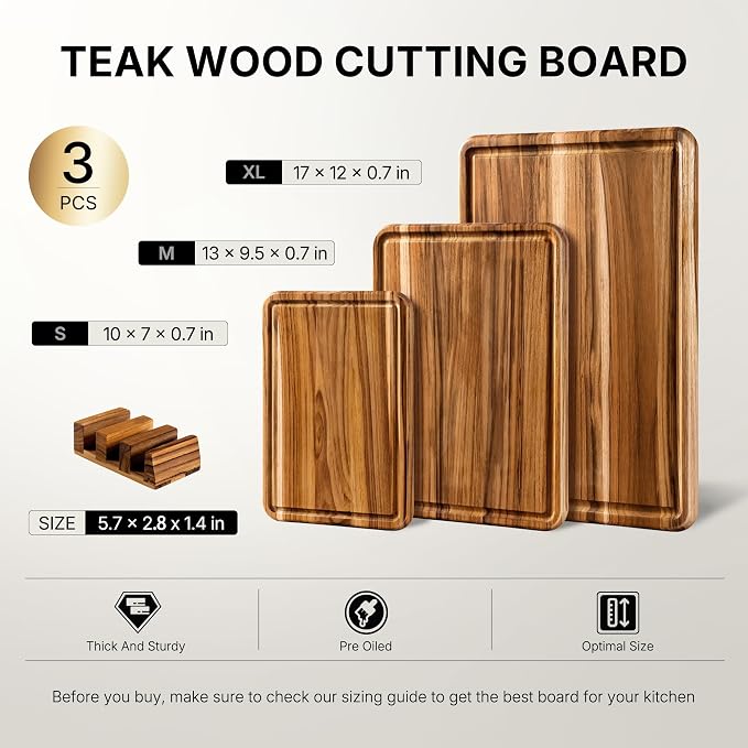 Wooden Cutting Board 3 Pack Teak Wood Cutting Boards for Kitchen Non Slip | Heavy Duty, Non Toxic Slip, Solid Thick, Wood Haus Chopping Board, Extra Large Big Small, Meat Best, Wooden Charcuterie Board