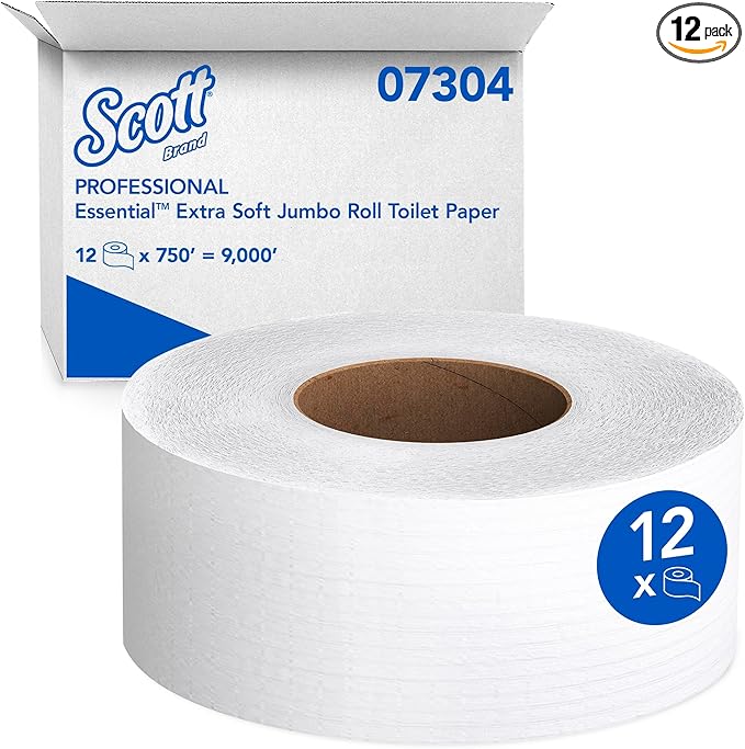 Scott Professional Essential Extra Soft Jumbo Roll Toilet Paper, Bulk (07304), 2-Ply, Septic Safe, White (12 Rolls at 750' Each, 9,000'/Case)